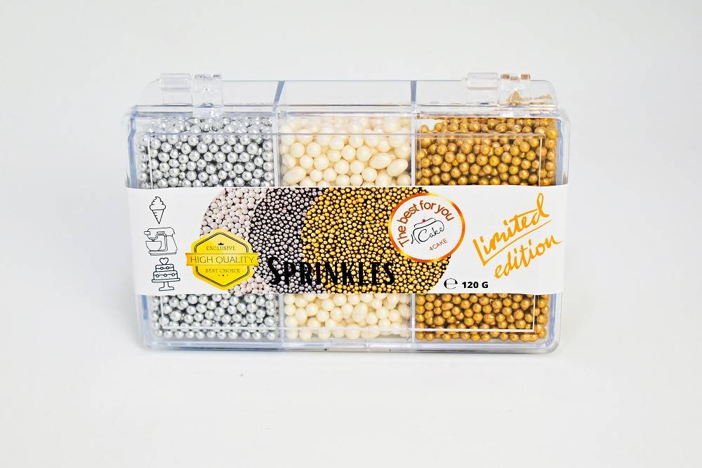 Obrázek k výrobku 25141 - 4Cake Cukrové perly biele perleťové, strieborné a zlaté 3-4 mm (120 g)