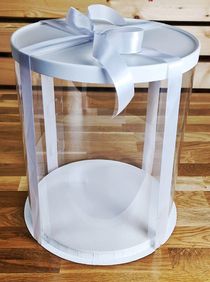 Obrázek k výrobku 23515 - 4Cake Plastový okrúhly box na torty biely bez stuhy (26 x 26 x 44 cm)