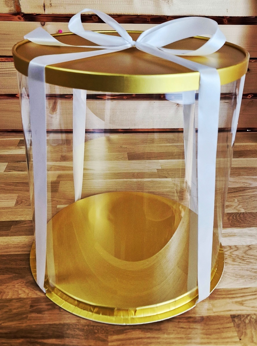 Obrázek k výrobku 23509 - 4Cake Plastový okrúhly box na torty zlatý bez stuhy (26 x 26 x 31 cm)