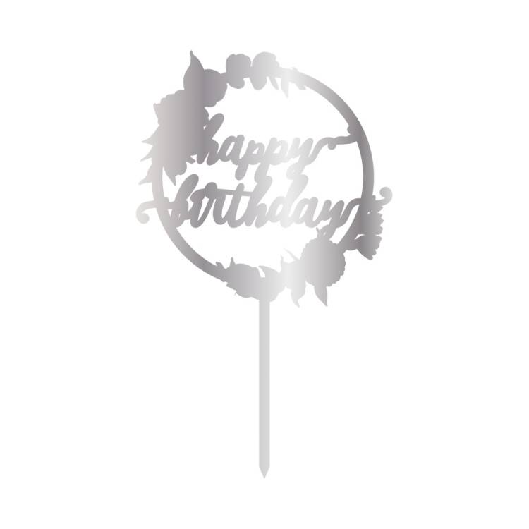 Obrázek k výrobku 24812 - Cesil Zapichovacia plastová dekorácia strieborná Happy Birthday v kruhu s kvetinami (1ks)
