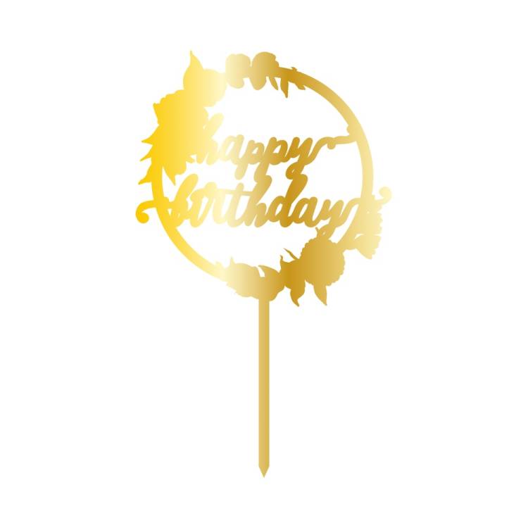 Obrázek k výrobku 24811 - Cesil Zapichovacia plastová dekorácia zlatá Happy Birthday v kruhu s kvetinami (1ks)