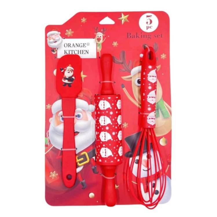 Obrázek k výrobku 27270 - Cukrárska sada stierka, valček a šľahacia metla červená s vianočným motívom (3 ks)