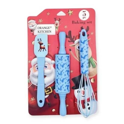 Obrázek k výrobku 27271 - Cukrárska sada stierka, valček a šľahacia metla modrá s vianočným motívom (3 ks)