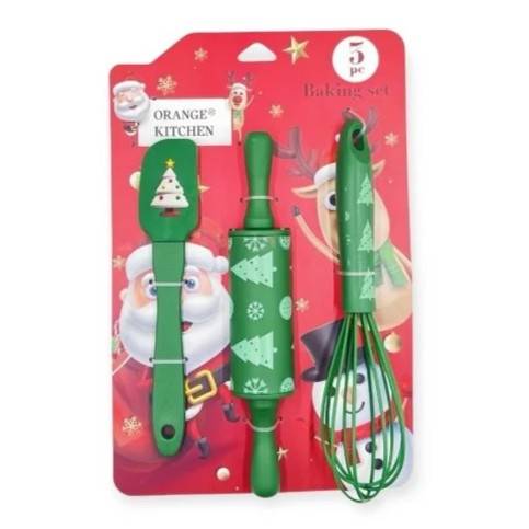 Obrázek k výrobku 27268 - Cukrárska sada stierka, valček a šľahacia metla zelená s vianočným motívom (3 ks)