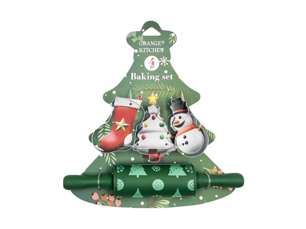 Obrázek k výrobku 27420 - Cukrárska súprava vykrajovačov a valčeka zelená s vianočným motívom (4 ks)