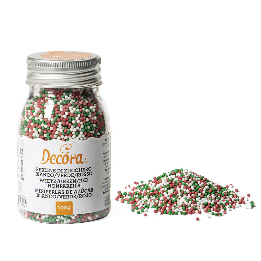 Obrázek k výrobku 19413 - Decora Cukrové mini perly zelené, červené a biele (100 g)