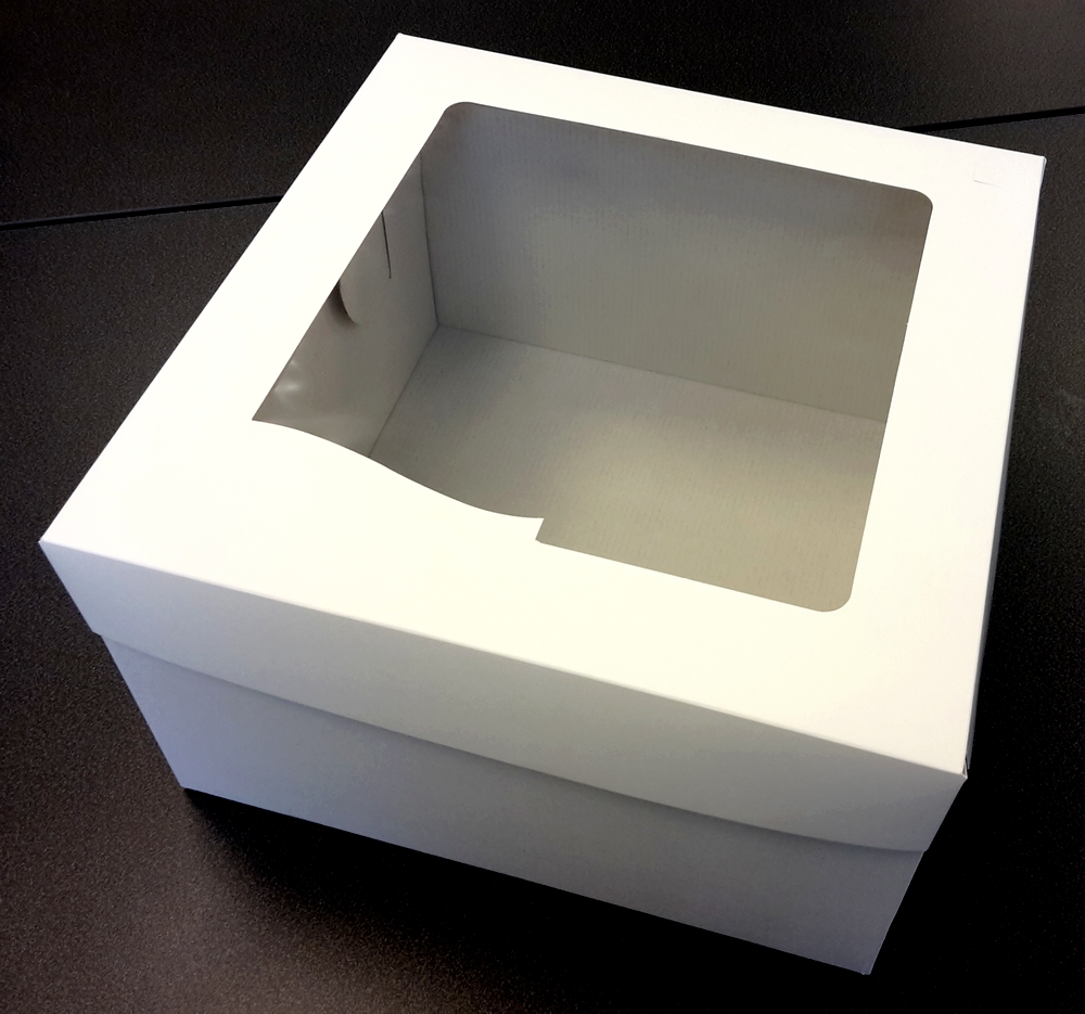 Obrázek k výrobku Dortová krabice bílá čtvercová s okénkem (31,7 x 31,7 x 19,5 cm) Neposíláme v balících!