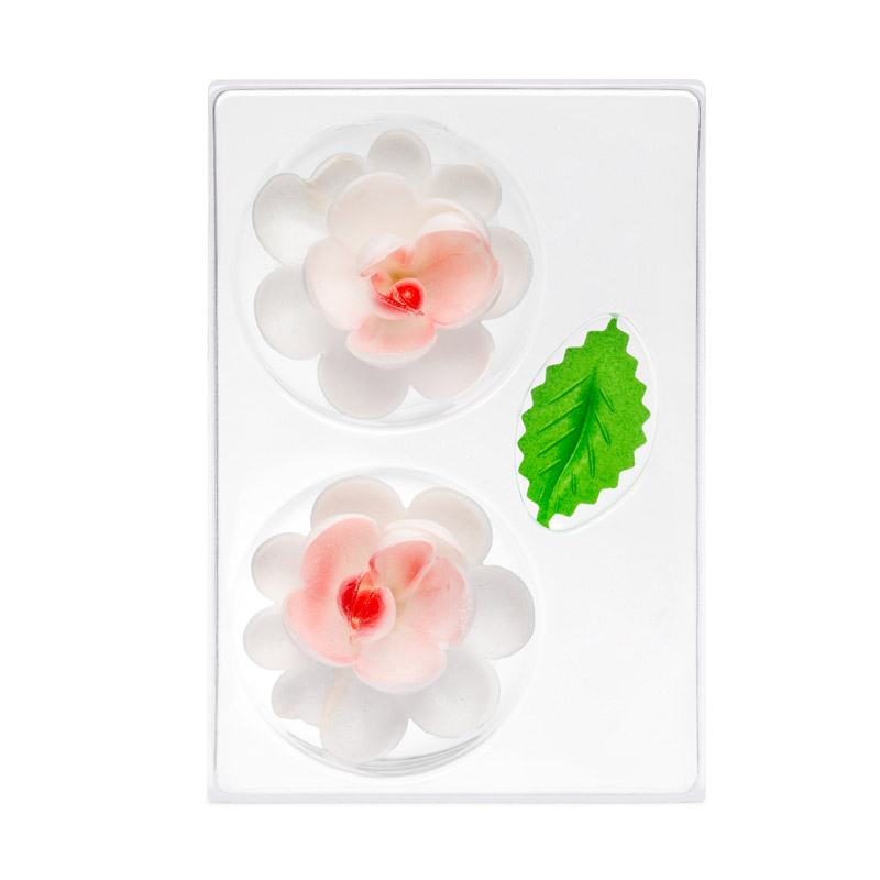 Obrázek k výrobku 20862 - Oplátková dekorácia Ruža bielo-ružová(2 ks) s listami (4 ks)