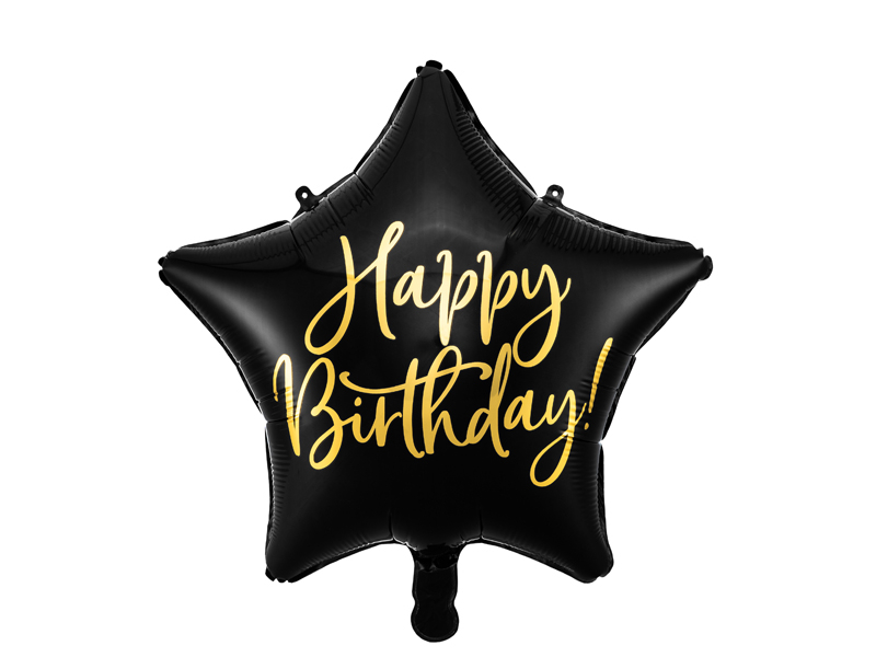 Obrázek k výrobku 21341 - PartyDeco Fóliový balónik  Hviezda s nápisom Happy birthday čierny1 ks