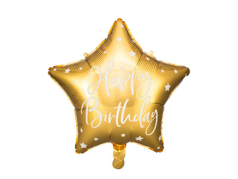 Obrázek k výrobku 21340 - PartyDeco Fóliový balónik  Hviezda s nápisom Happy birthday zlatý1 ks
