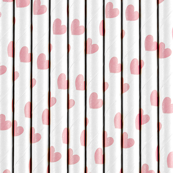 Obrázek k výrobku 21302 - PartyDeco Papierové slamky biele s ružovými srdiečkami (10 ks)
