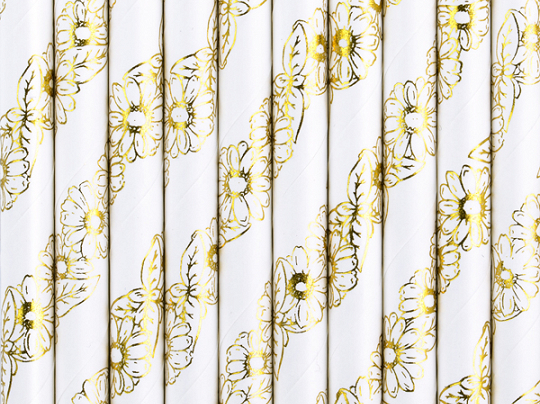 Obrázek k výrobku 21551 - PartyDeco Papierové slamky biele so zlatými kvetmi  (10 ks)