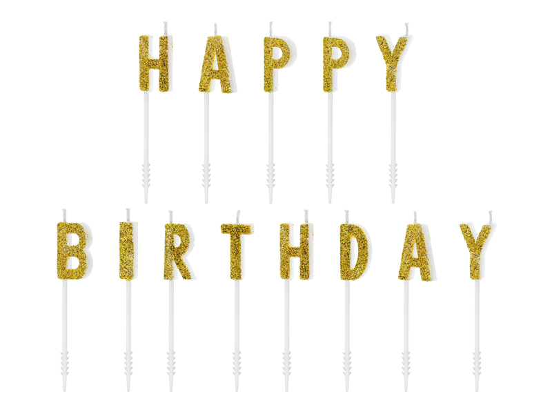 Obrázek k výrobku 19160 - PartyDeco sviečky  \"Happy Birthday\" zlaté  (13 ks)