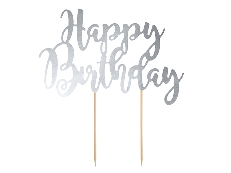 Obrázek k výrobku 14632 - PartyDeco zapichovací dekorace na dort Happy Birthday stříbrná