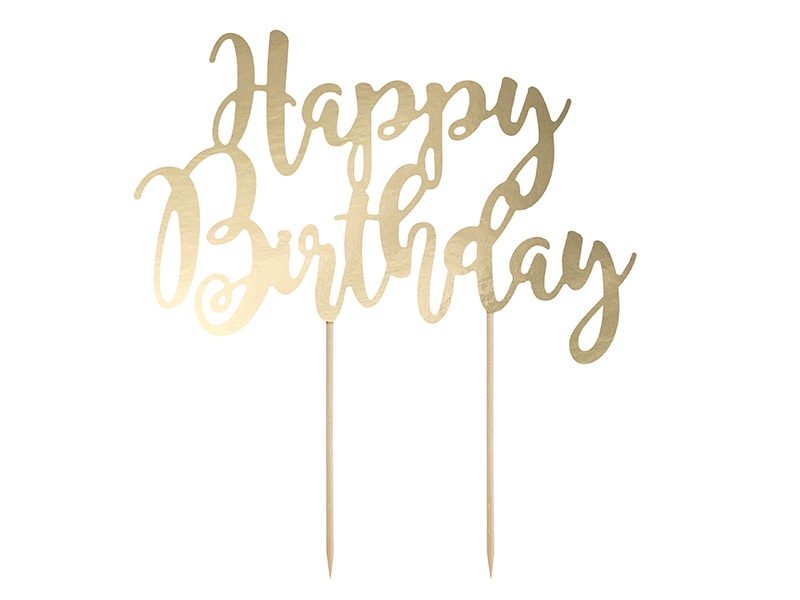Obrázek k výrobku 14634 - PartyDeco zapichovací dekorace na dort Happy Birthday zlatá