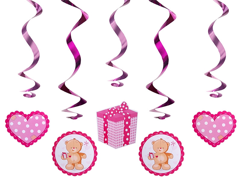 Obrázek k výrobku 14850 - PartyDeco závěsné spirály růžové s medvídky (5 ks)