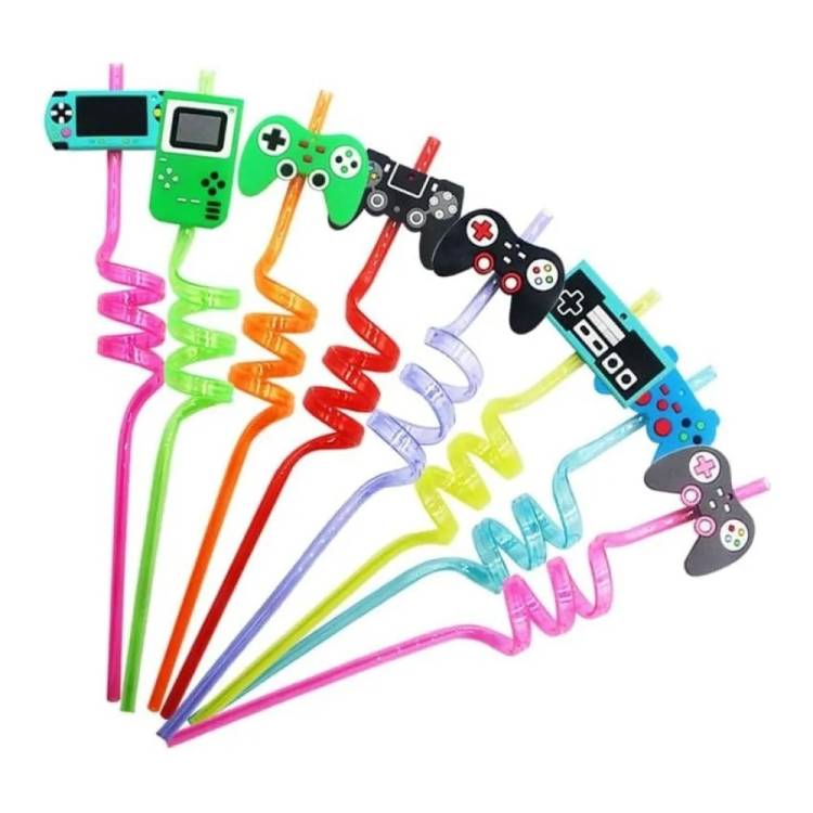 Obrázek k výrobku 27397 - Plastová farebná slamka špirálová s hernými motívmi (4 ks)