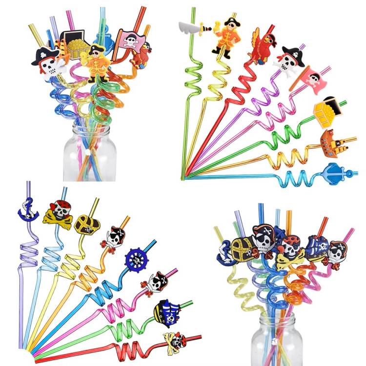 Obrázek k výrobku 27440 - Plastové farebné slamky špirálové s pirátskymi motívmi (4 ks)