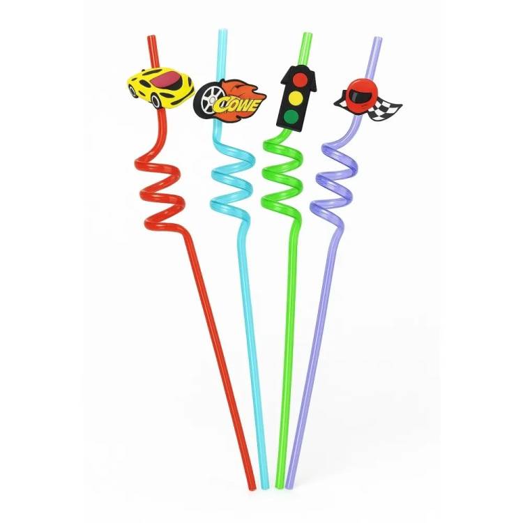 Obrázek k výrobku 27438 - Plastové farebné slamky špirálové so závodnými motívmi (4 ks)