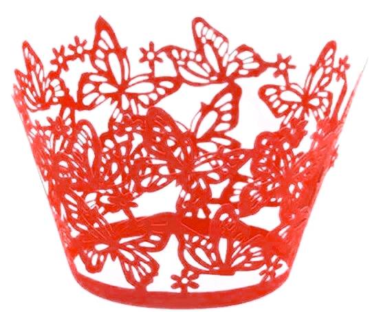 Obrázek k výrobku 27366 - Prebaly na muffiny krajkové s motýľmi červenej (10 ks)