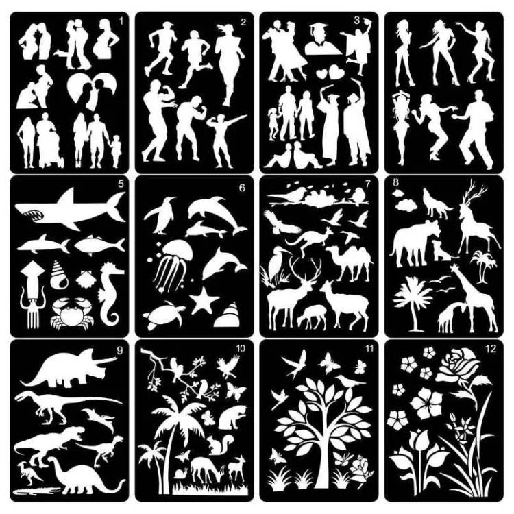 Obrázek k výrobku 27203 - Stencily Ľudia, zvieratá a kvety (12 ks)