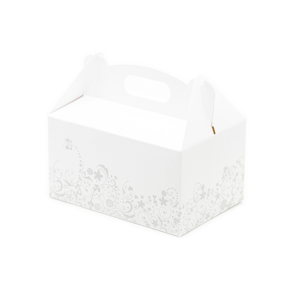 Obrázek k výrobku 23529 - Svadobná krabička na výslužku biela so šedým zdobením (13 x 9 x 7 cm)