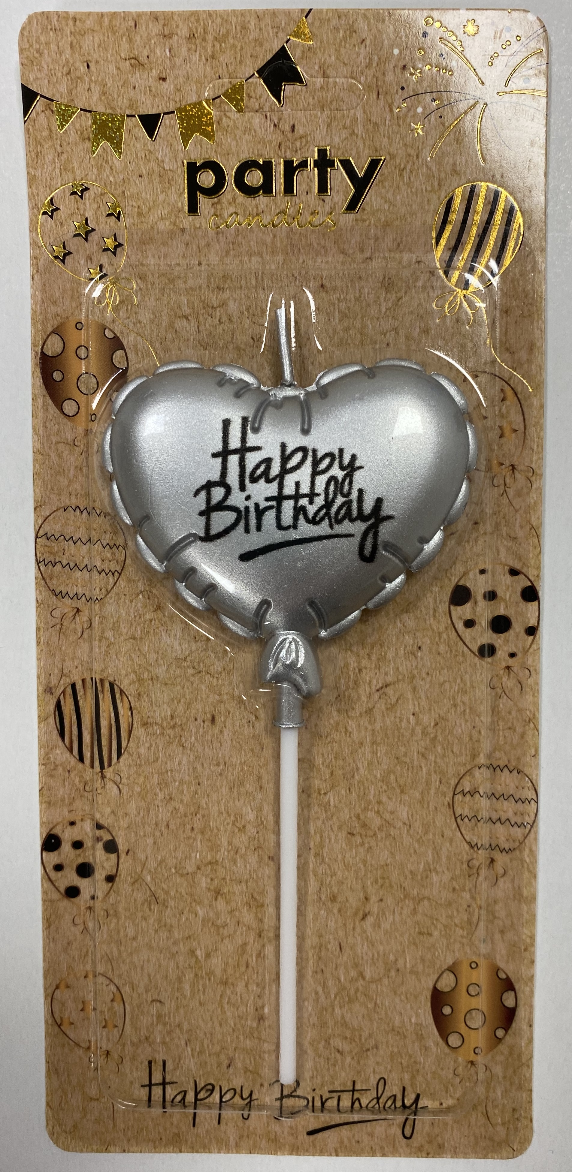 Obrázek k výrobku 22254 - Sviečka Balón strieborný v tvare srdca Happy Birthday (1 ks)