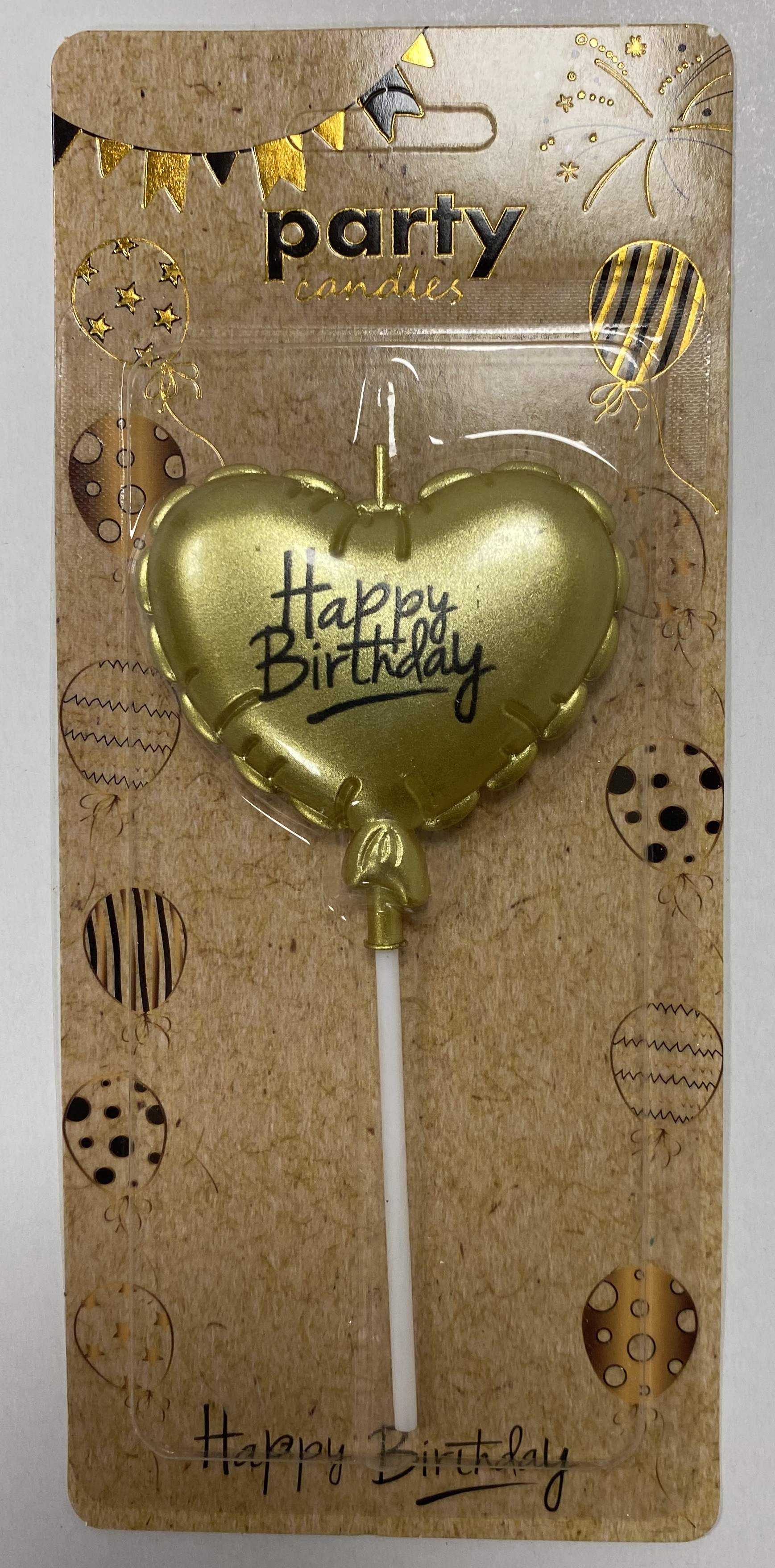 Obrázek k výrobku 22255 - Sviečka Balón zlatý v tvare srdca Happy Birthday (1 ks)