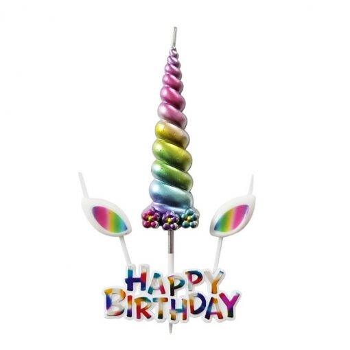 Obrázek k výrobku 27357 - Sviečka Happy Birthday s jednorožčím rohom a ušami