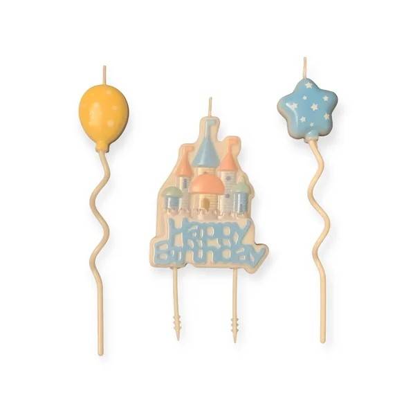 Obrázek k výrobku 27353 - Sviečky Happy Birthday modré so zámkom a balóniky (3 ks)