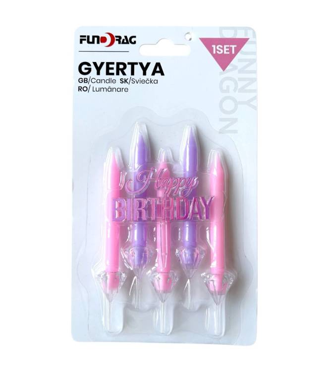 Obrázek k výrobku 27362 - Sviečky ružové a fialové so zápichom do torty Happy Birthday (6 ks)