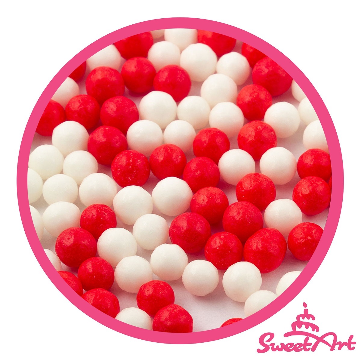 Obrázek k výrobku 24257 - SweetArt cukrové perly červenéa biele 7mm (1kg)
