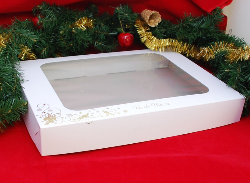 Obrázek k výrobku 22609 - Vianočná krabica na cukrovinky biela so zlatou ražbou (38 x 28 x 5 cm)