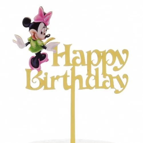 Obrázek k výrobku 23155 - Zápich do torty Happy Birthday Minnie zlatý akryl
