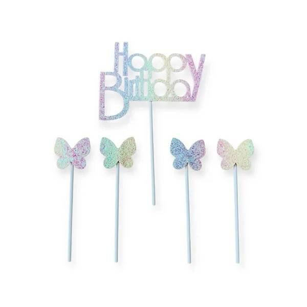 Obrázek k výrobku 26691 - Zapichovacia dekorácia na tortu Happy Birthday s motýlikmi (5 ks)