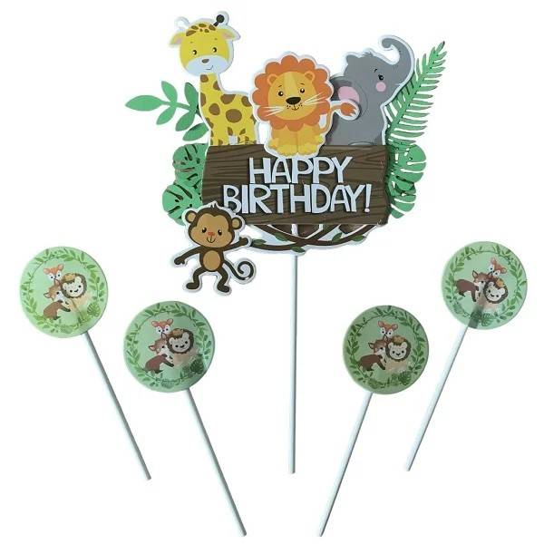 Obrázek k výrobku 26687 - Zapichovacia dekorácia na tortu Happy Birthday safari (5 ks)
