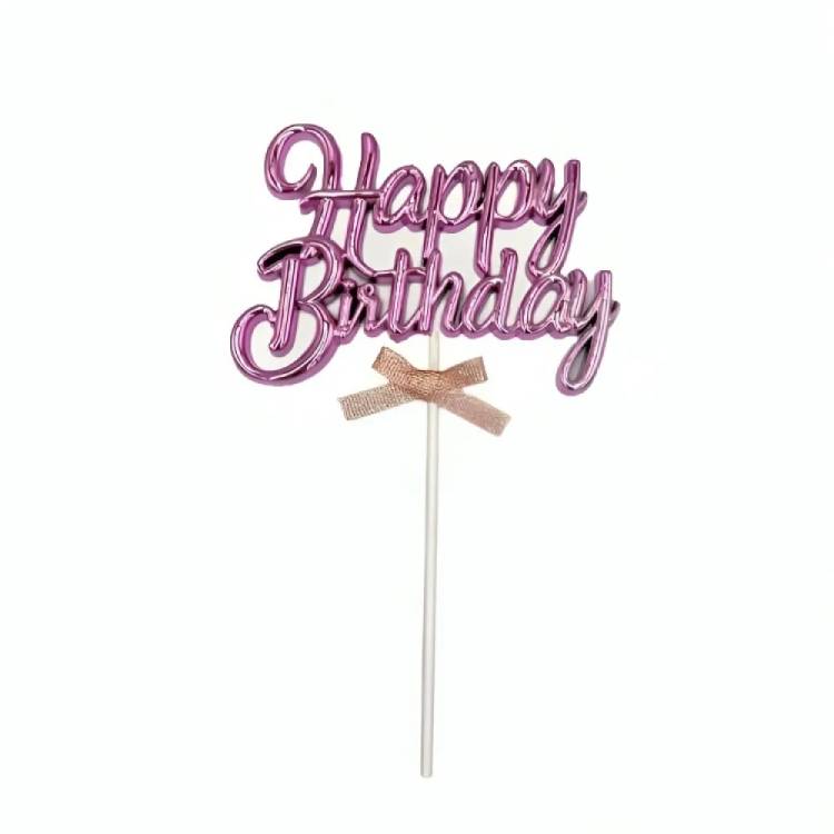 Obrázek k výrobku 27011 - Zapichovacia dekorácia na tortu ružová Happy Birthday s mašličkou