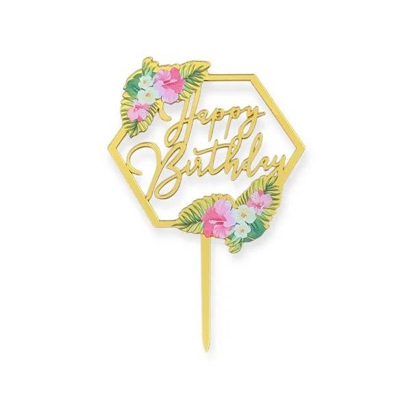 Obrázek k výrobku 26689 - Zapichovacia dekorácia na tortu zlatá Happy Birthday v rámčeku s kvetinami