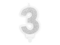 Detail k výrobkuPartyDeco Narodeninová sviečka malá "3" strieborná (7 cm)