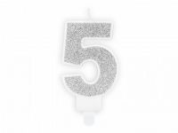 Detail k výrobkuPartyDeco Narodeninová sviečka malá "5" strieborná (7 cm)
