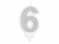 Detail k výrobkuPartyDeco Narodeninová sviečka malá "6" strieborná (7 cm)