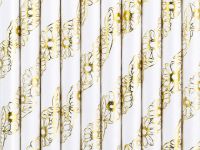 Detail k výrobkuPartyDeco Papierové slamky biele so zlatými kvetmi  (10 ks)