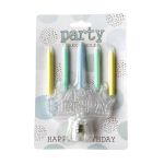 Detail k výrobkuSviečky žlté, zelené a modré s LED nápisom Happy Birthday